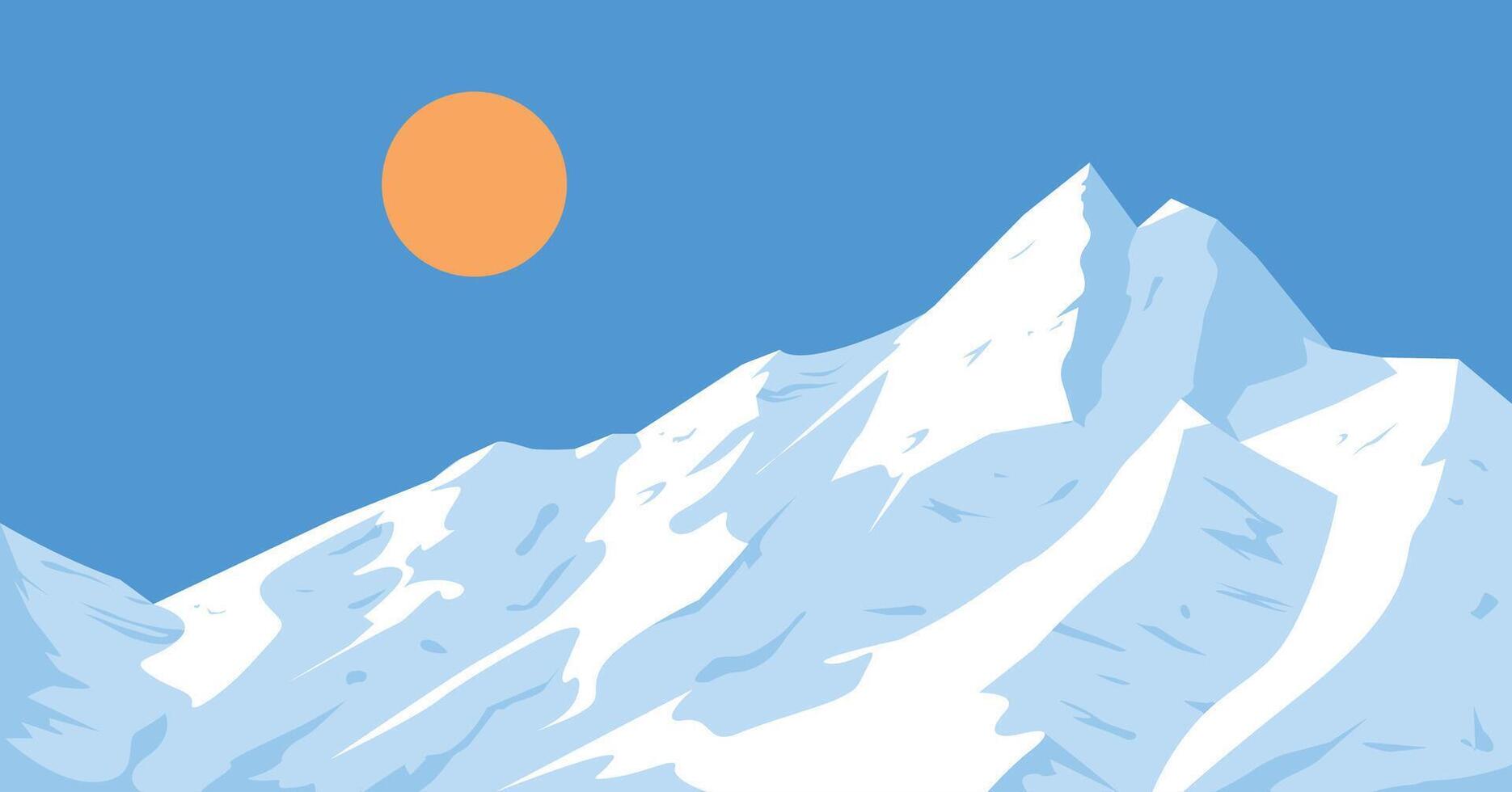 Snowy Mountain Landscape, mountain peak with sun, and blue sky vector