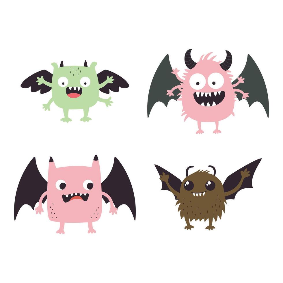 Set of Winged Adorable Crazy Ugly Monster Cartoon Character with Humor Happy Expression vector