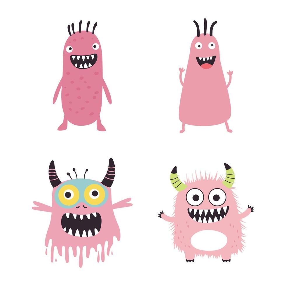 Set of Pink Cute Crazy Ugly Monster Mascot Cartoon Character with Humor Happy Expression vector