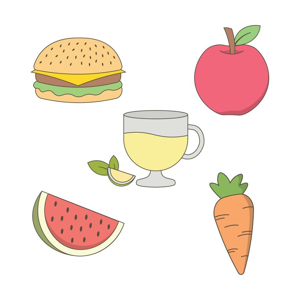 Food and Beverage Set of Burger Apple Watermelon Orange Carrot Fruit Vegetable Drink vector