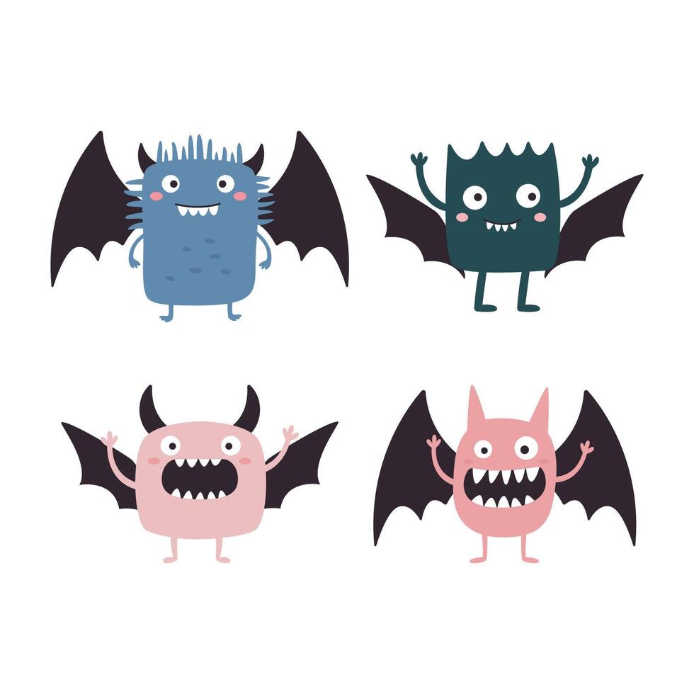 Set of Winged Cute Crazy Ugly Monster Cartoon Character with Happy Expression vector
