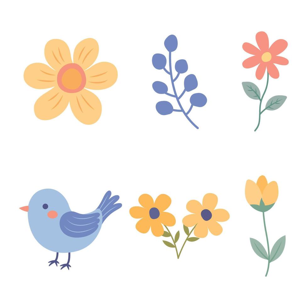 Elements Set of Bird with Blossom Natural Flower Floral Botany in the Garden vector