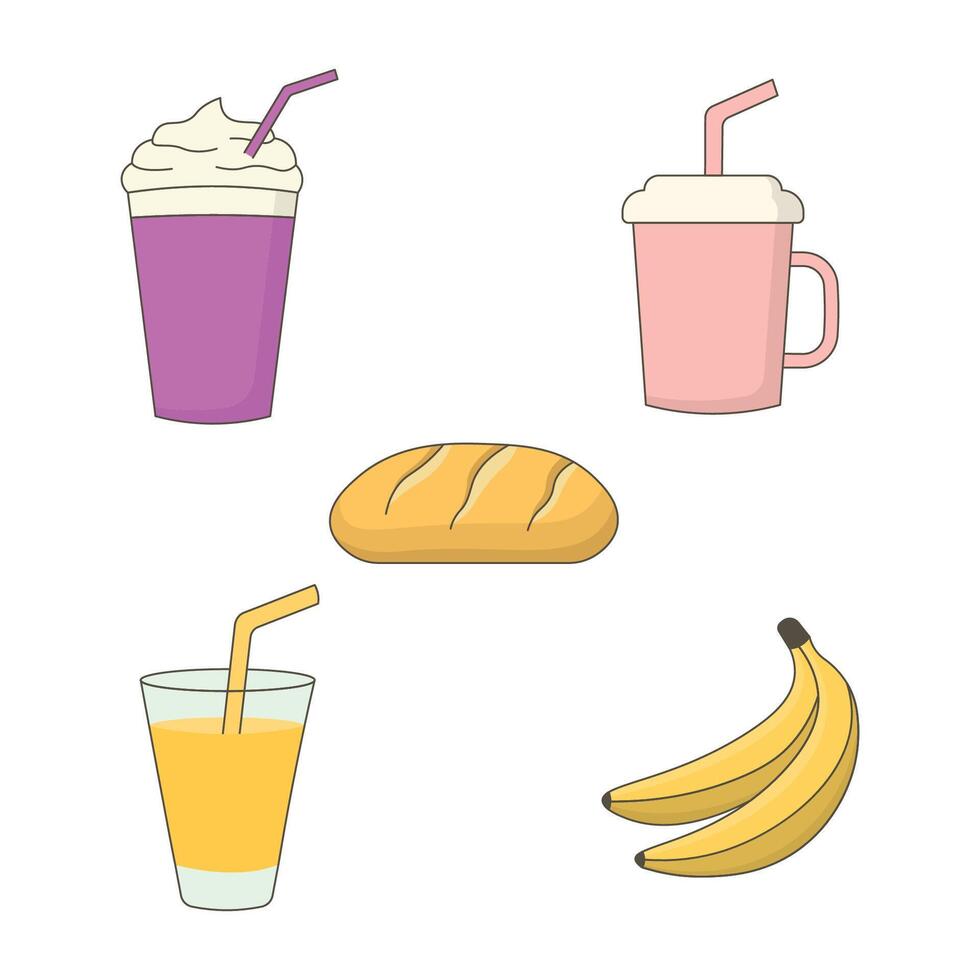 Food and Beverage Set of Baguette Bread Banana Fruit Juice Drink vector