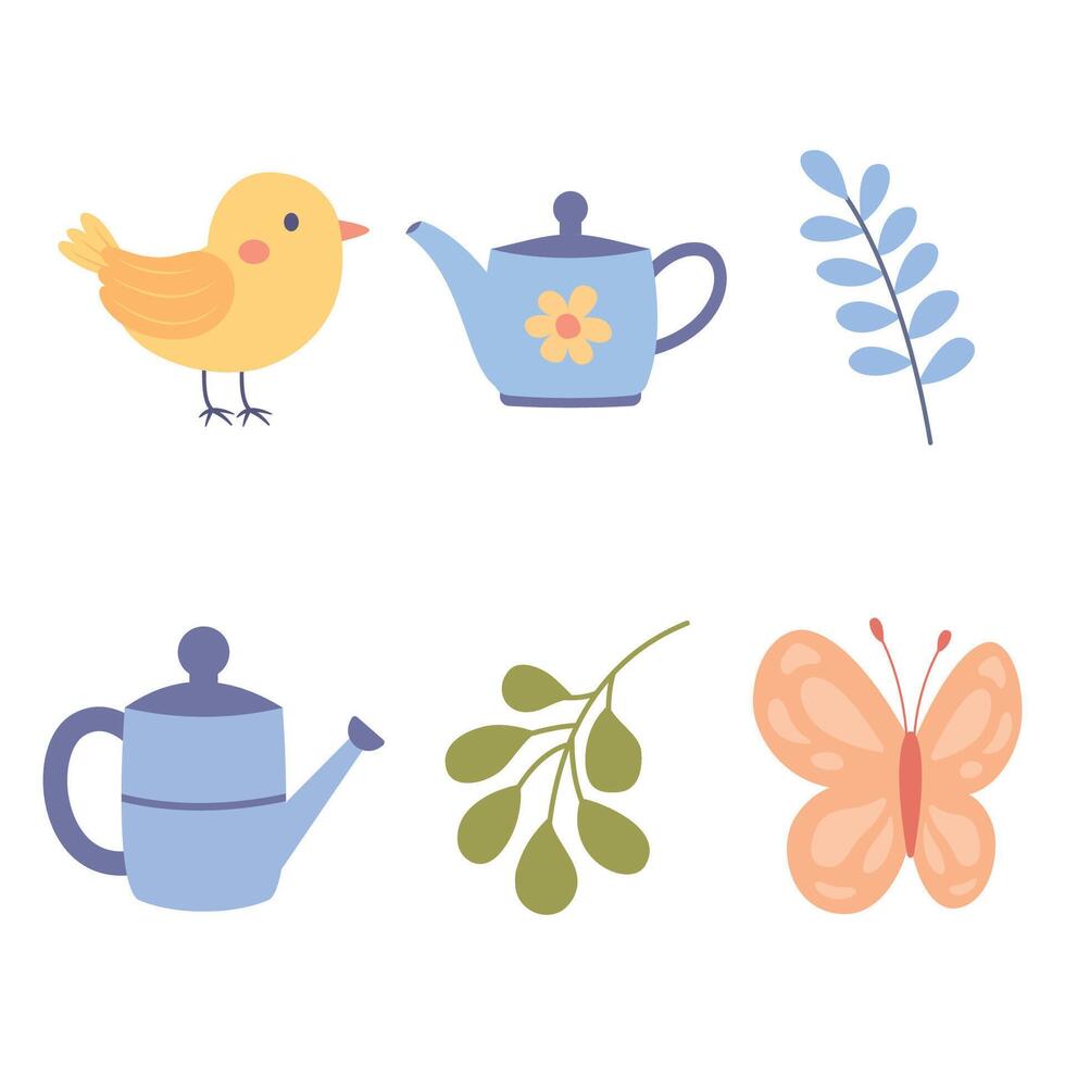 Elements Set of Bird Butterfly with Flower Floral and Watering Plant in the Garden vector
