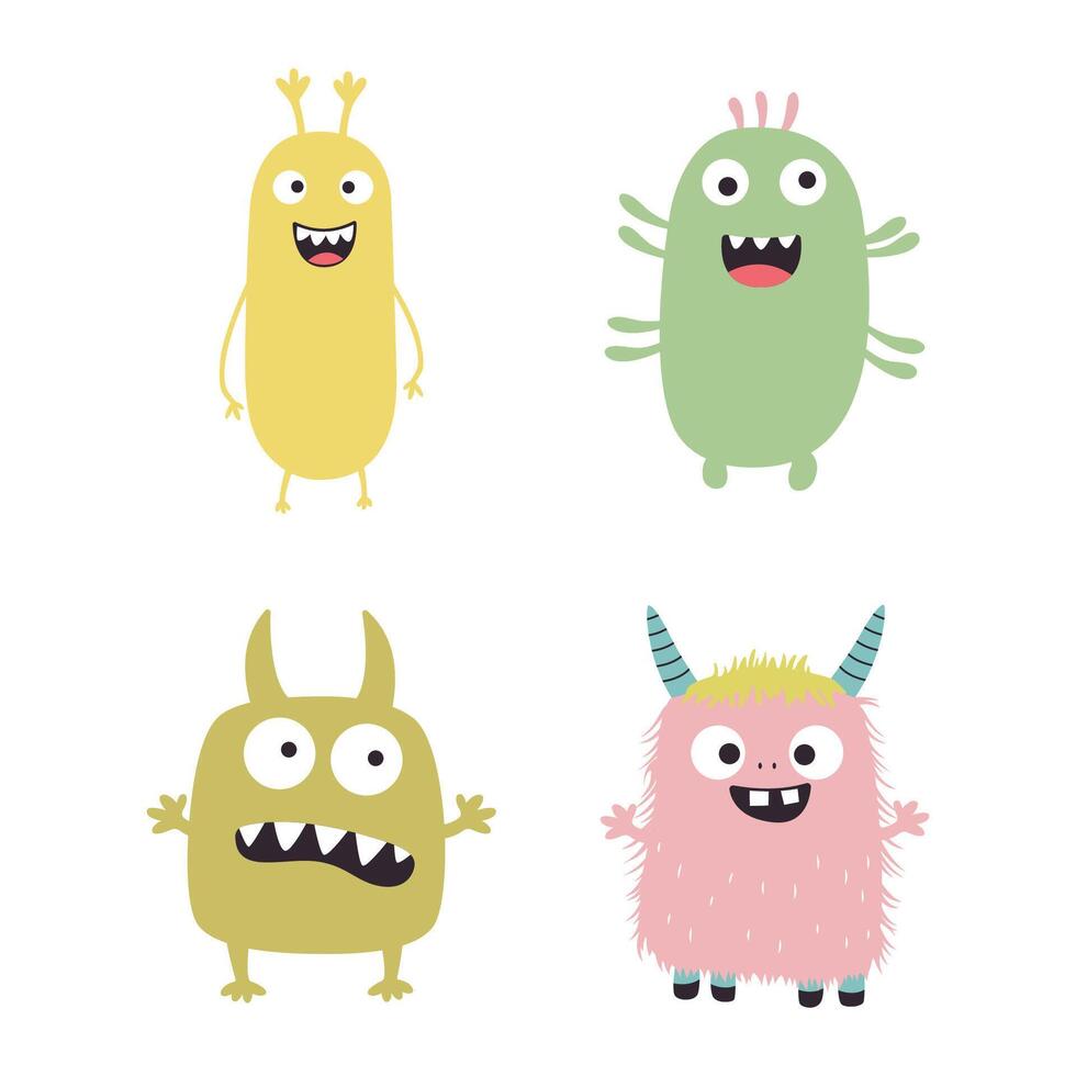 Set of Colorful Cute Crazy Ugly Monster Mascot Cartoon Character with Humor Expression vector
