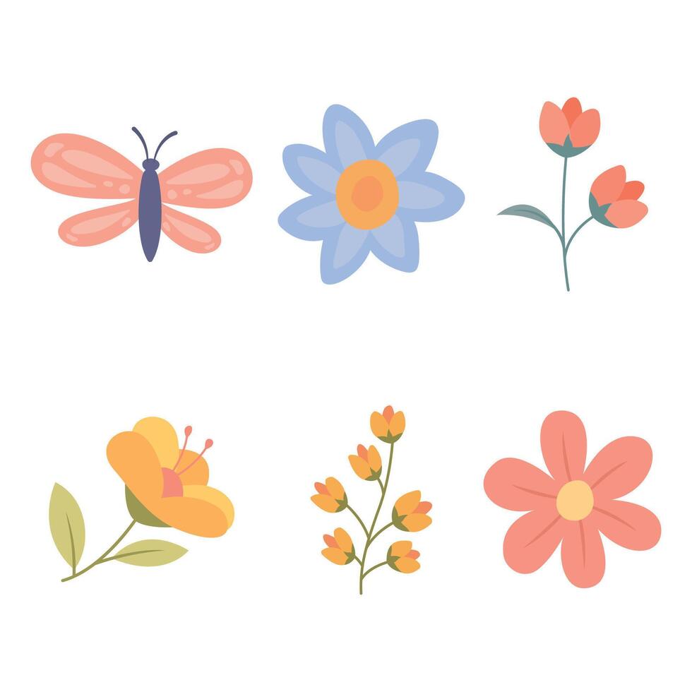 Elements Set of Butterfly with Blossom Natural Flower Floral Botany in the Garden vector