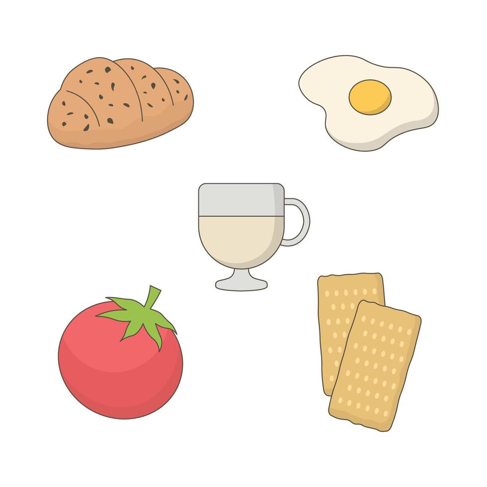 Food and Beverage Set of Fried Egg Tomato Biscuit Bread Drink vector