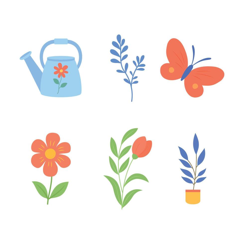 Elements Collection of Colorful Flower Floral Decoration with Butterfly and Watering Plant in Park vector