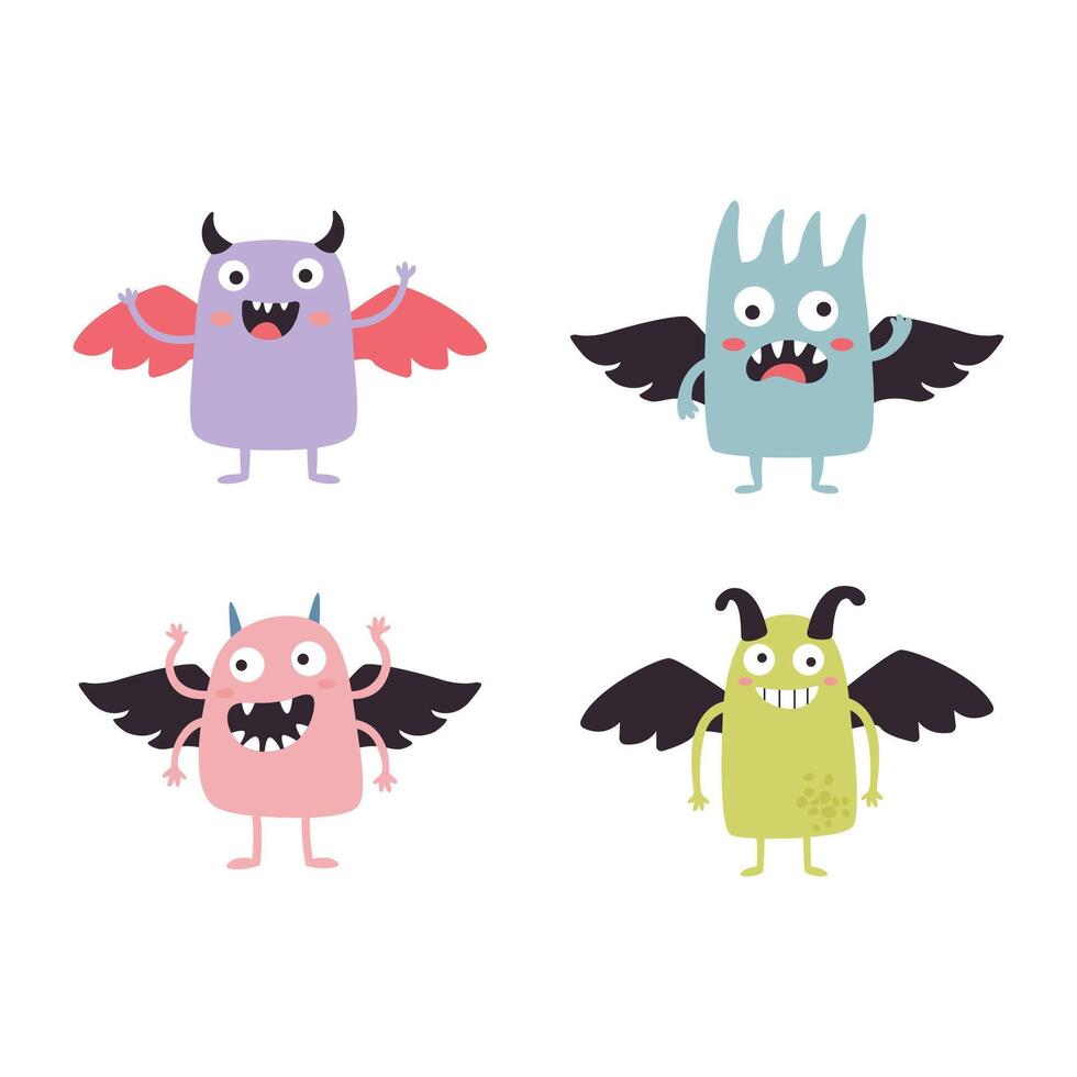 Set of Winged Cute Crazy Ugly Monster Cartoon Character with Humor Expression vector