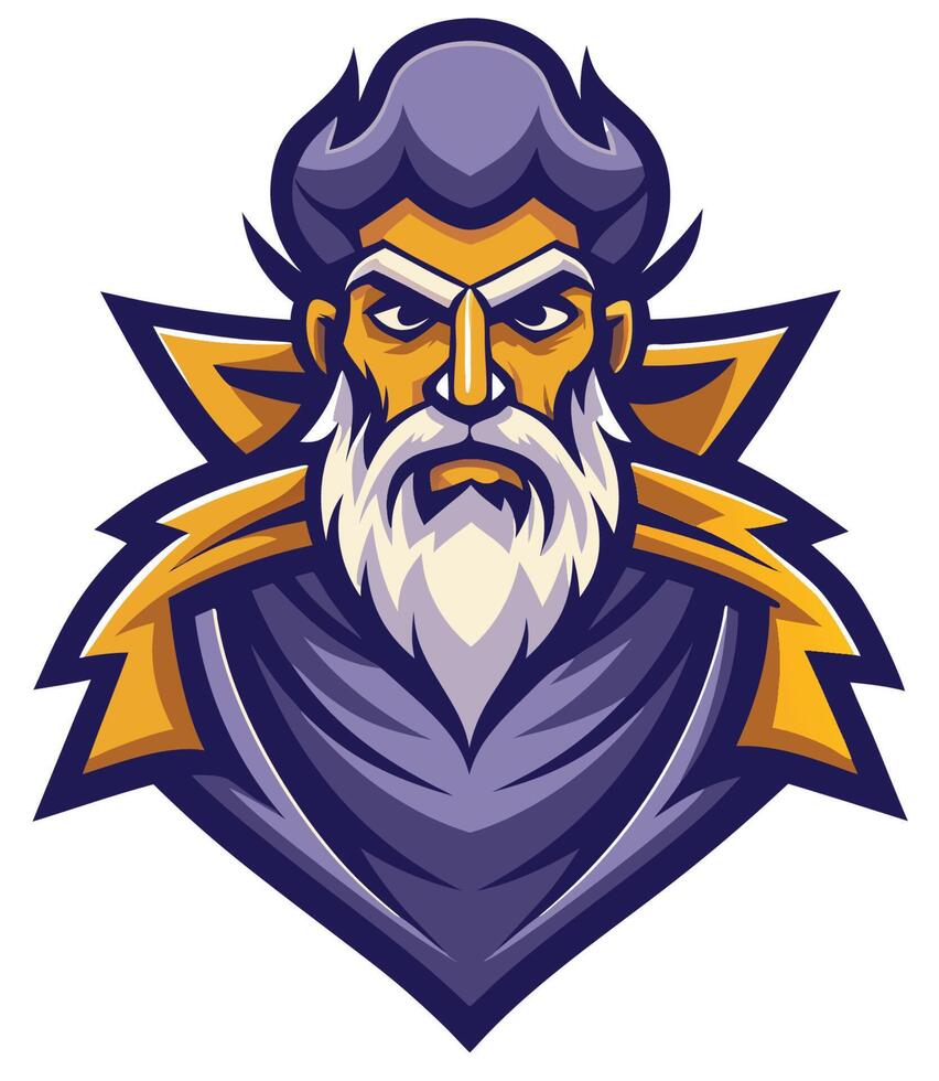Stylized mascot logo, fierce bearded old man, wizard character, purple and gold color scheme, sharp angular design, stern expression, intense eyes vector