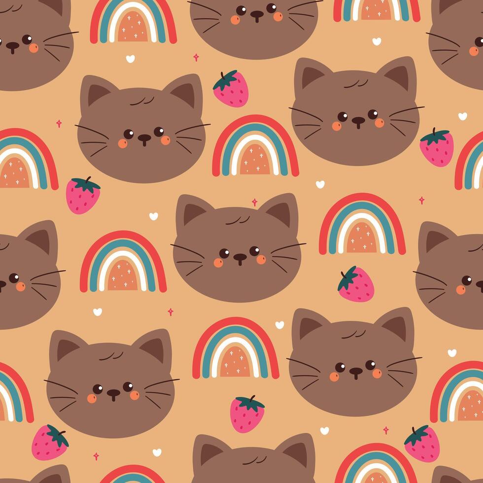 seamless pattern cute cartoon cat with rainbow and strawberry. cute animal pattern for wallpaper, background and gift wrap vector