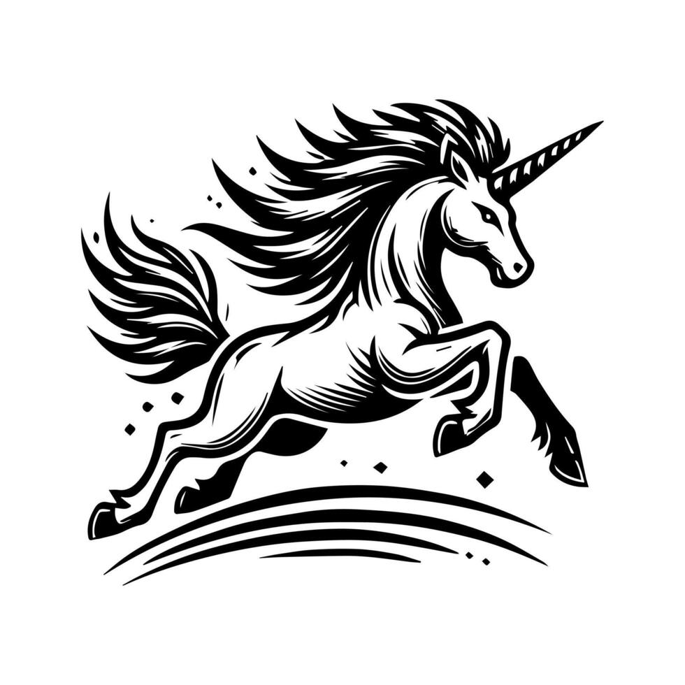 A black and white illustration of a unicorn design vector
