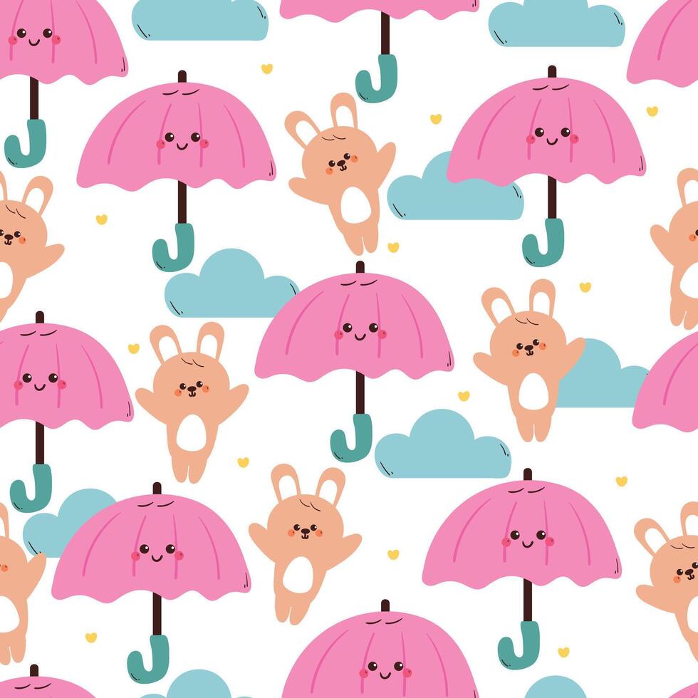 seamless pattern cute cartoon bunny with umbrella and sky element. cute animal drawing for wallpaper, pattern, background vector