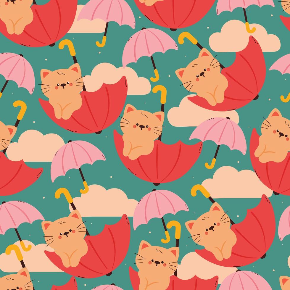 seamless pattern cute cartoon cat with red umbrella. cute animal pattern for wallpaper, background and gift wrap paper vector