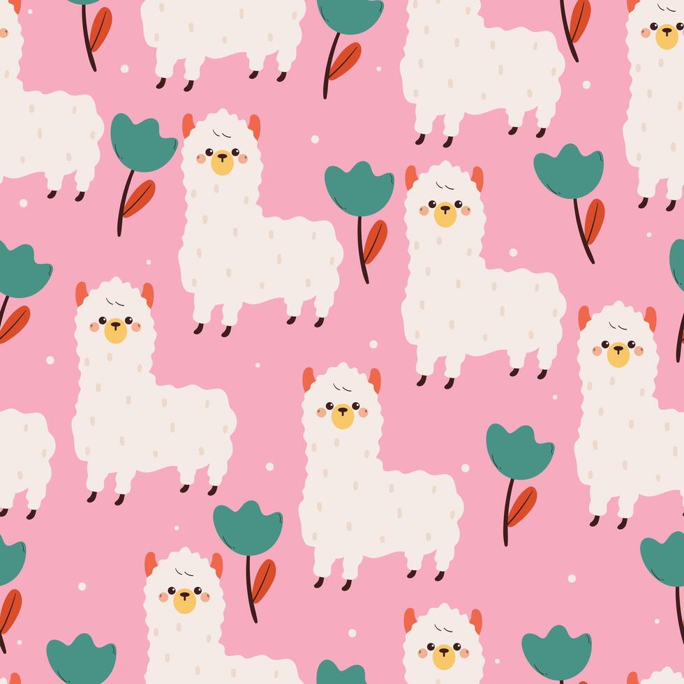seamless pattern cute cartoon llama an flower. cute animal drawing for wallpaper, pattern, background vector