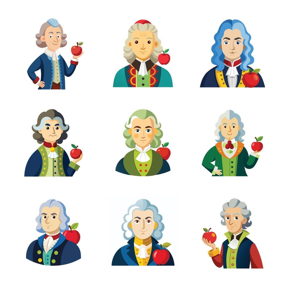 Scientist issac newton with apple vector