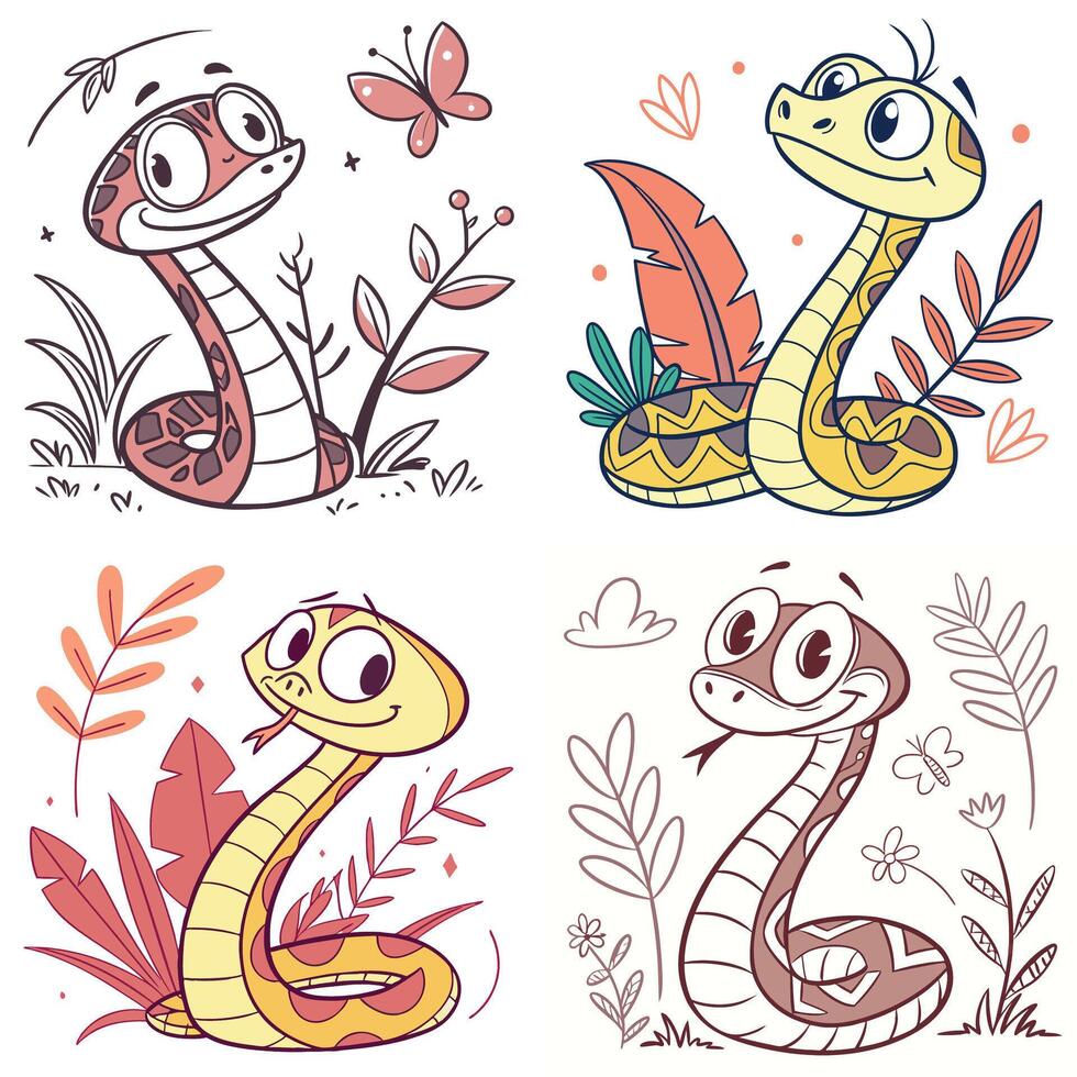 Funny snake set in cartoon style vector
