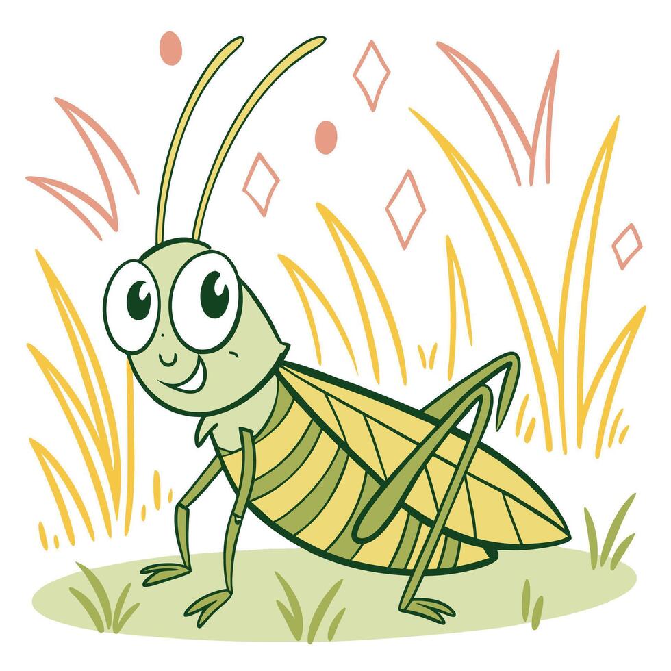 Cute grasshopper cartoon with grass vector