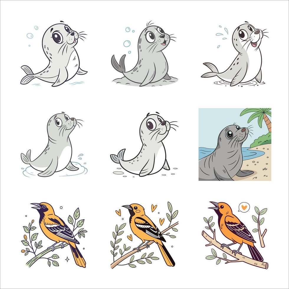 Sticker set of different animal and bird cartoon vector