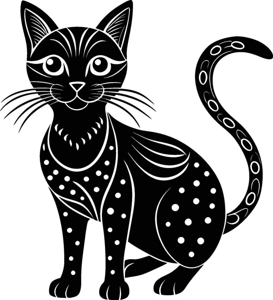 Black and white illustration, stylized cat silhouette, decorative patterns, dots and swirls, tribal art style, symmetrical design vector