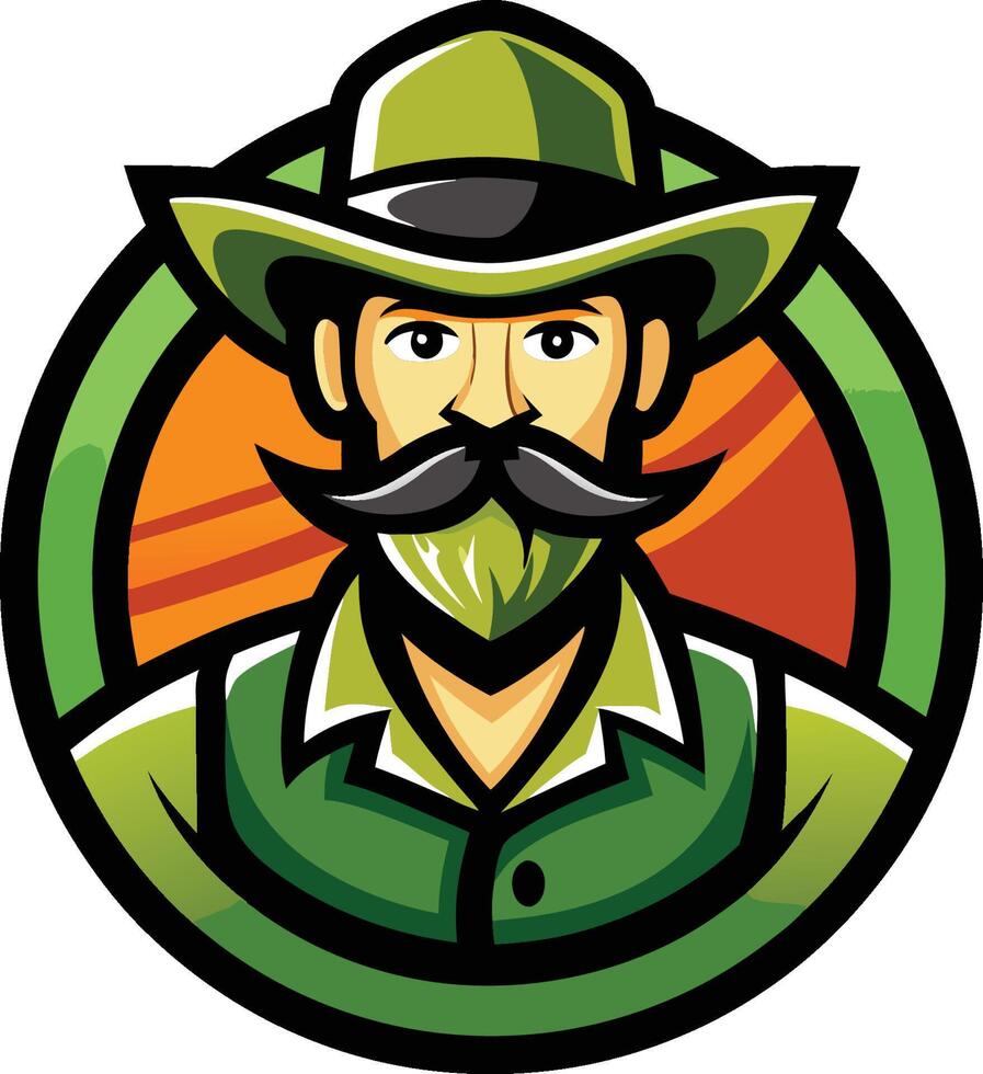 Logo design, cowboy mascot, handlebar mustache, green beard, green and yellow hat, circular emblem, vibrant colors vector