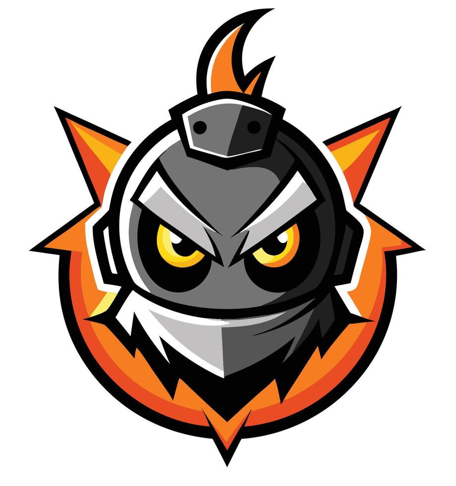 Ninja owl logo, fierce yellow eyes, metallic helmet, sharp beak, orange flame background, geometric design, esports mascot, bold colors vector