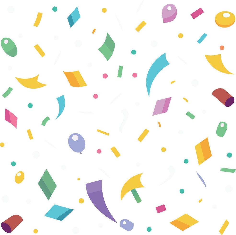 Colorful confetti pattern, geometric shapes, pastel colors, balloons, streamers, festive background, scattered design vector