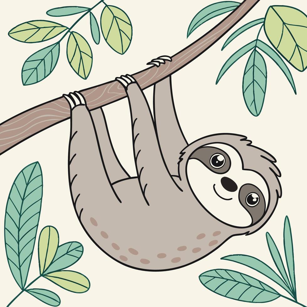 Cute sloth on branch flat picture vector