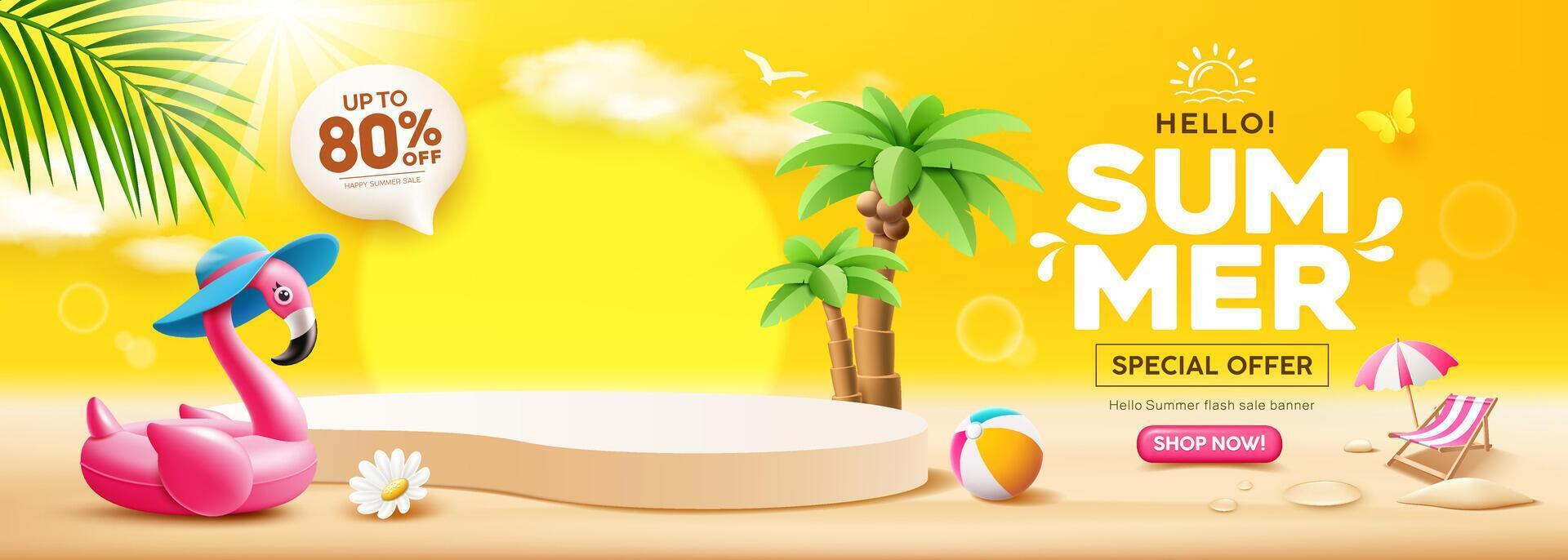 Summer sale podium display, Pink flamingo inflatable swimming pool, coconut trees, pile of sand, beach umbrella, banner design, cloud and sky on yellow background vector