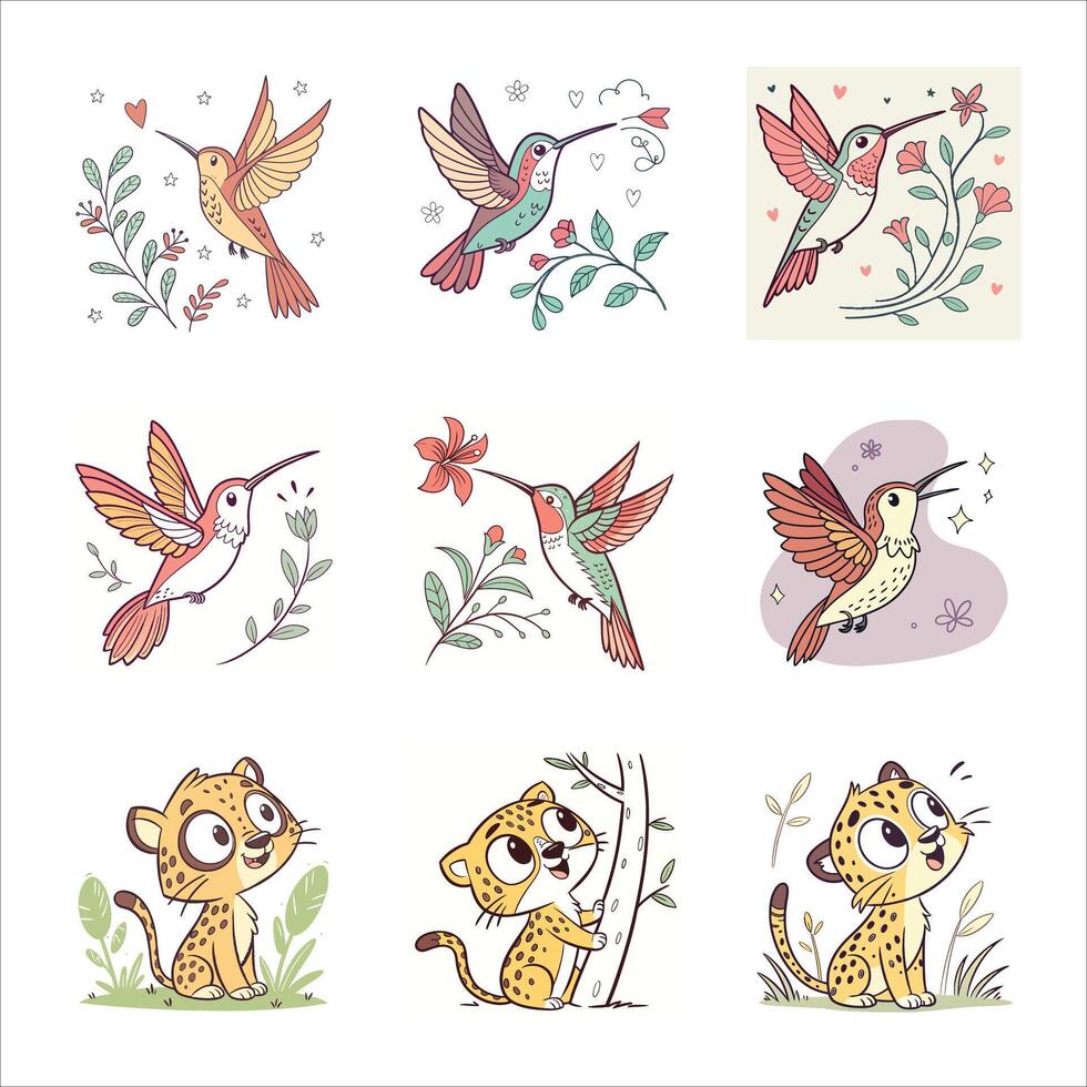 Cute animal and bird set in cartoon style vector