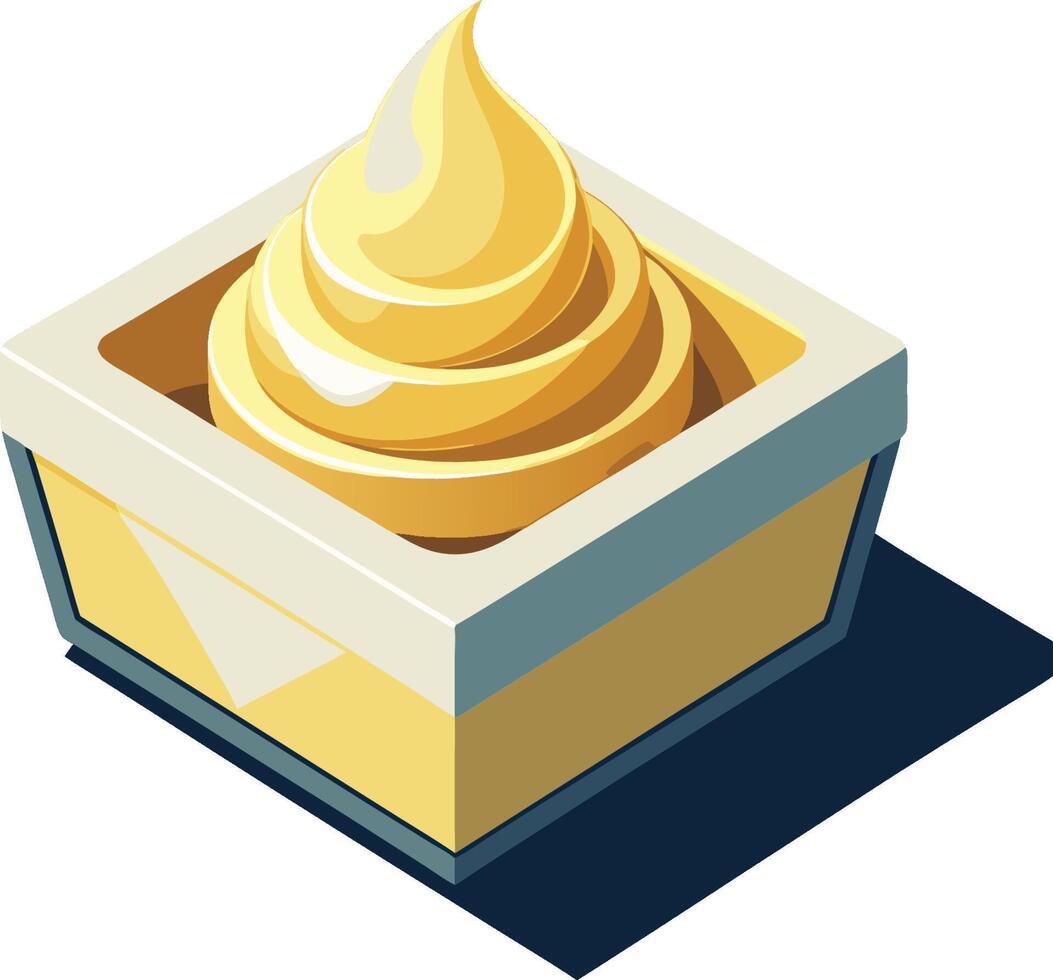 Isometric soft serve ice cream, yellow vanilla swirl, square paper container, minimalist design, clean lines, pastel colors, soft shadows, art style vector