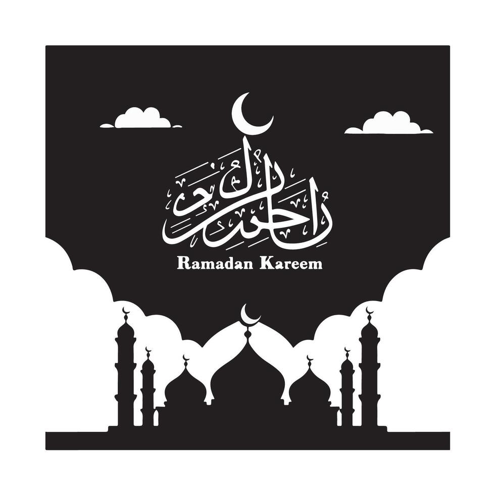 Islamic calligraphy, Ramadan Kareem, Arabic script, mosque silhouette, crescent moon, clouds, night sky vector