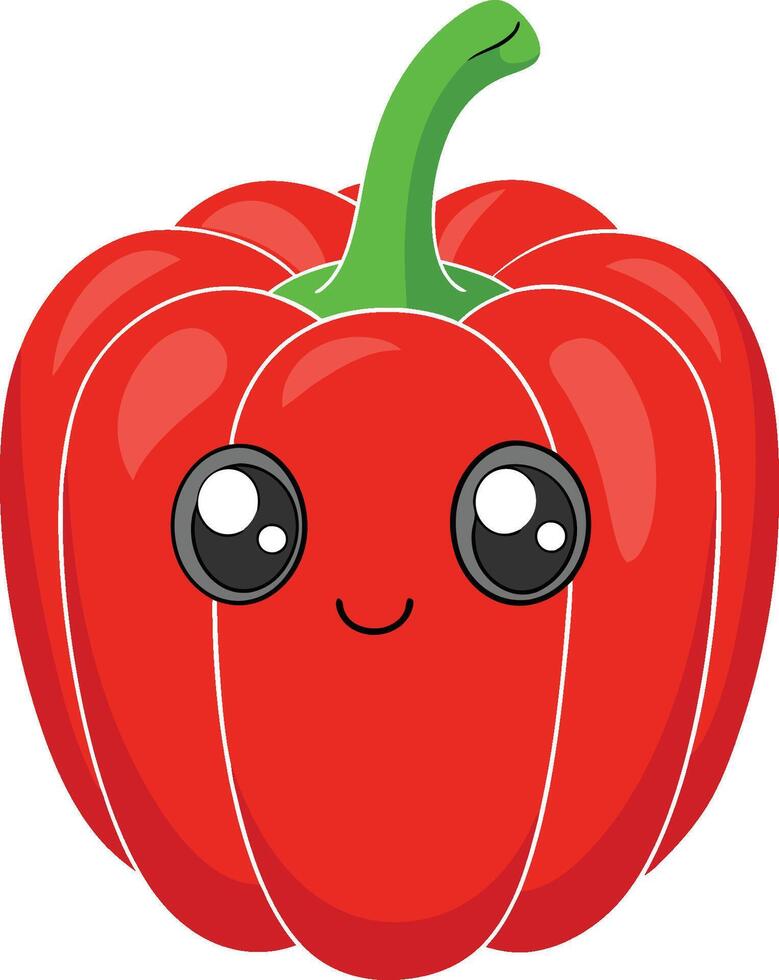 leCute cartoon red bell pepper, anthropomorphic vegetable, large shiny eyes, happy smile, green stem, vibrant colors, kawaii sty vector
