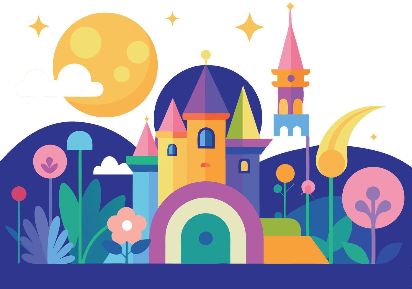 Whimsical fairytale castle, colorful geometric shapes, vibrant pastel colors, flat design, moon and stars, stylized flora, fantasy landscape, playful architecture vector