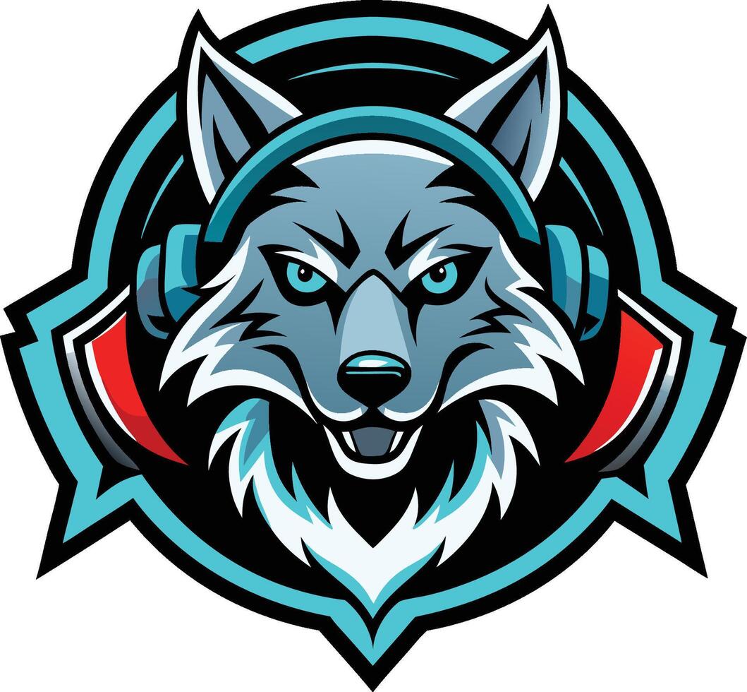 Wolf mascot logo, fierce expression, ice blue eyes, headphones, esports team emblem, circular design vector
