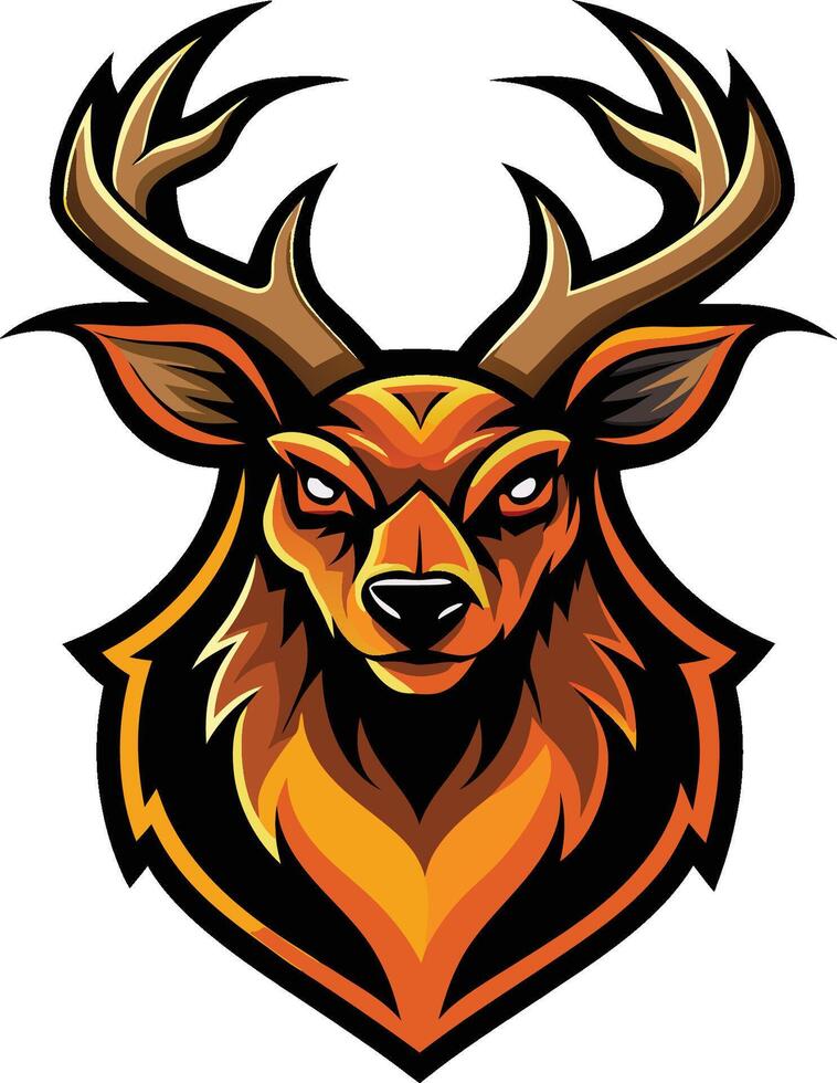 Stylized deer head logo, fierce expression, vibrant orange and gold colors, sharp antlers, mascot design, art, bold outlines, symmetrical composition vector