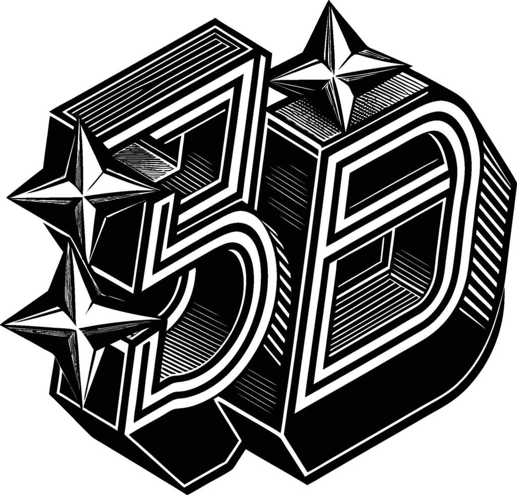3D typography, bold geometric letters, black and white design, isometric perspective, sharp edges, star accents, optical illusion, dynamic composition, graphic art vector