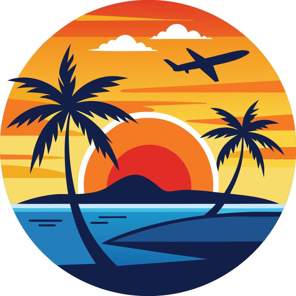 Tropical sunset, circular composition, palm trees silhouette, airplane silhouette, vibrant colors, orange sky, yellow sun, blue ocean, retro style, art, minimalist design vector