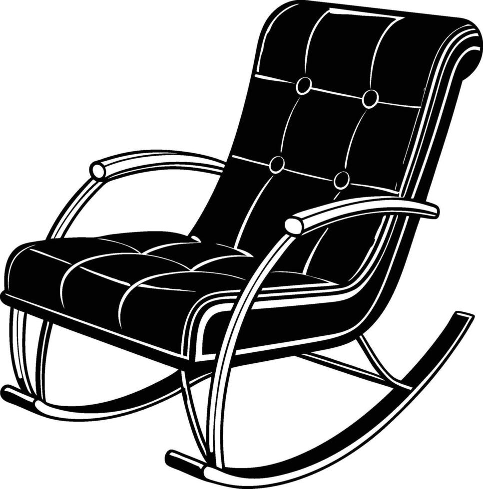 Retro rocking chair, black and white illustration, tufted upholstery, curved metal frame, sleek design, mid-century modern vector