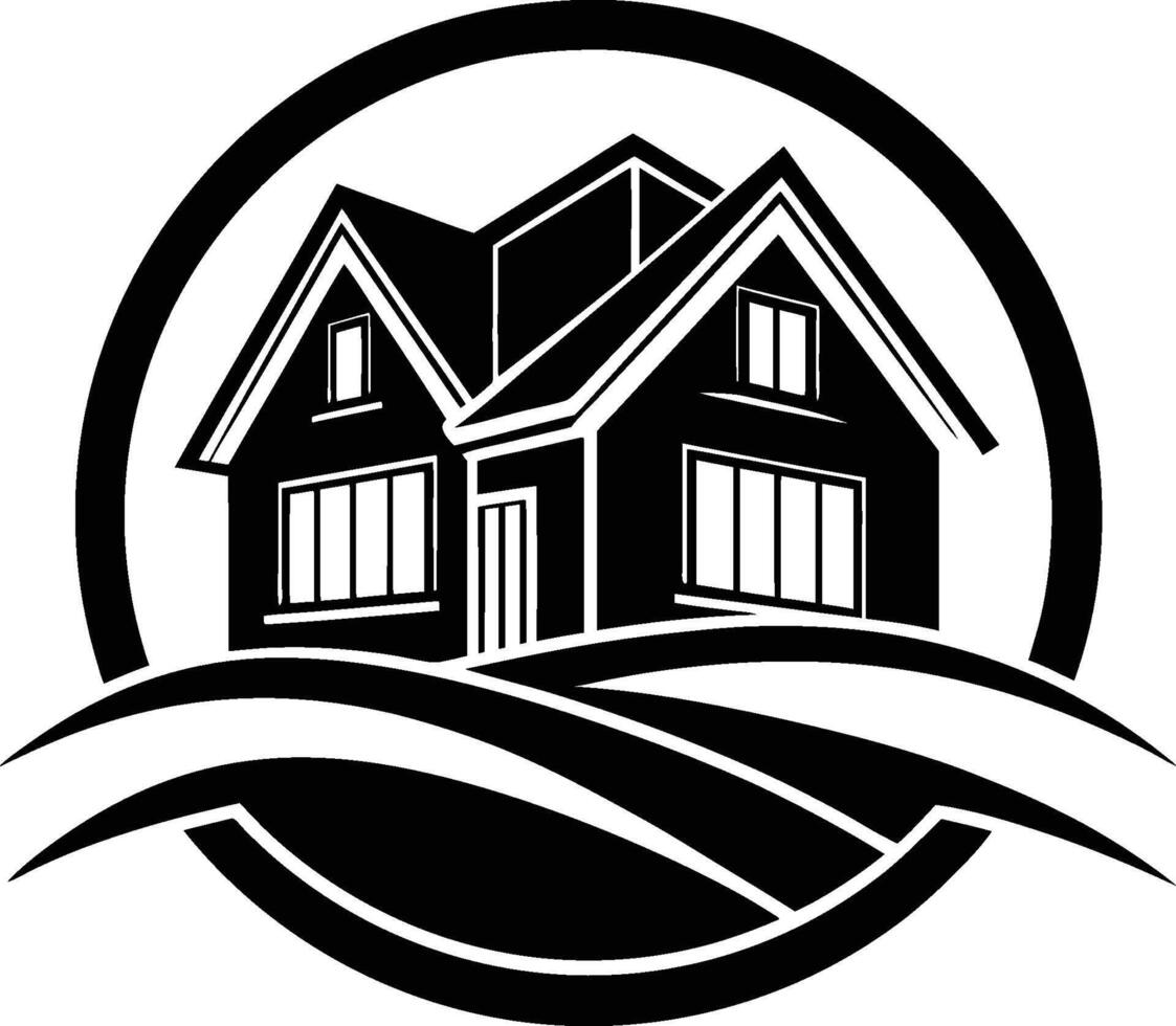 Black and white logo, minimalist house icon, circular emblem, stylized architecture, real estate symbol, simple geometric shapes vector