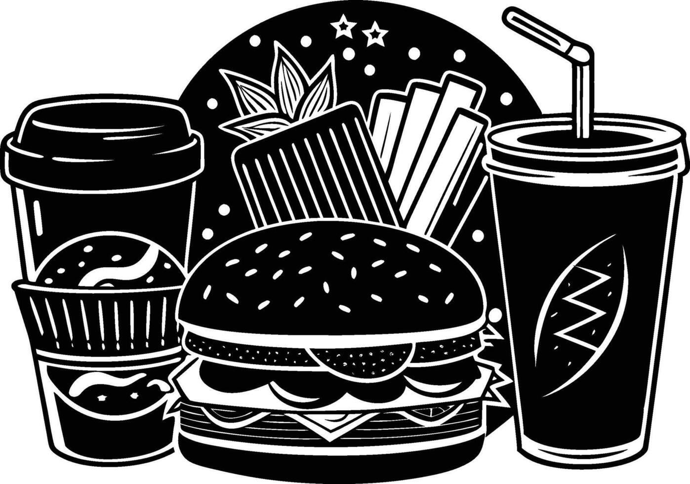 Fast food illustration, black and white design, burger, fries, soda cup, coffee cup, geometric shapes, starry background, stylized linework vector