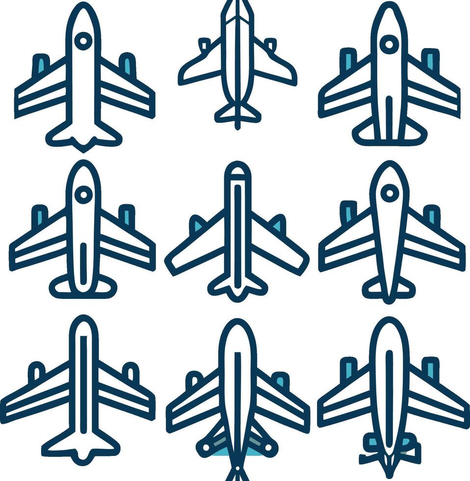 Minimalist airplane icons, top-down view, stylized aircraft designs, blue outlines, simple geometric shapes, aviation symbols, clean graphics vector