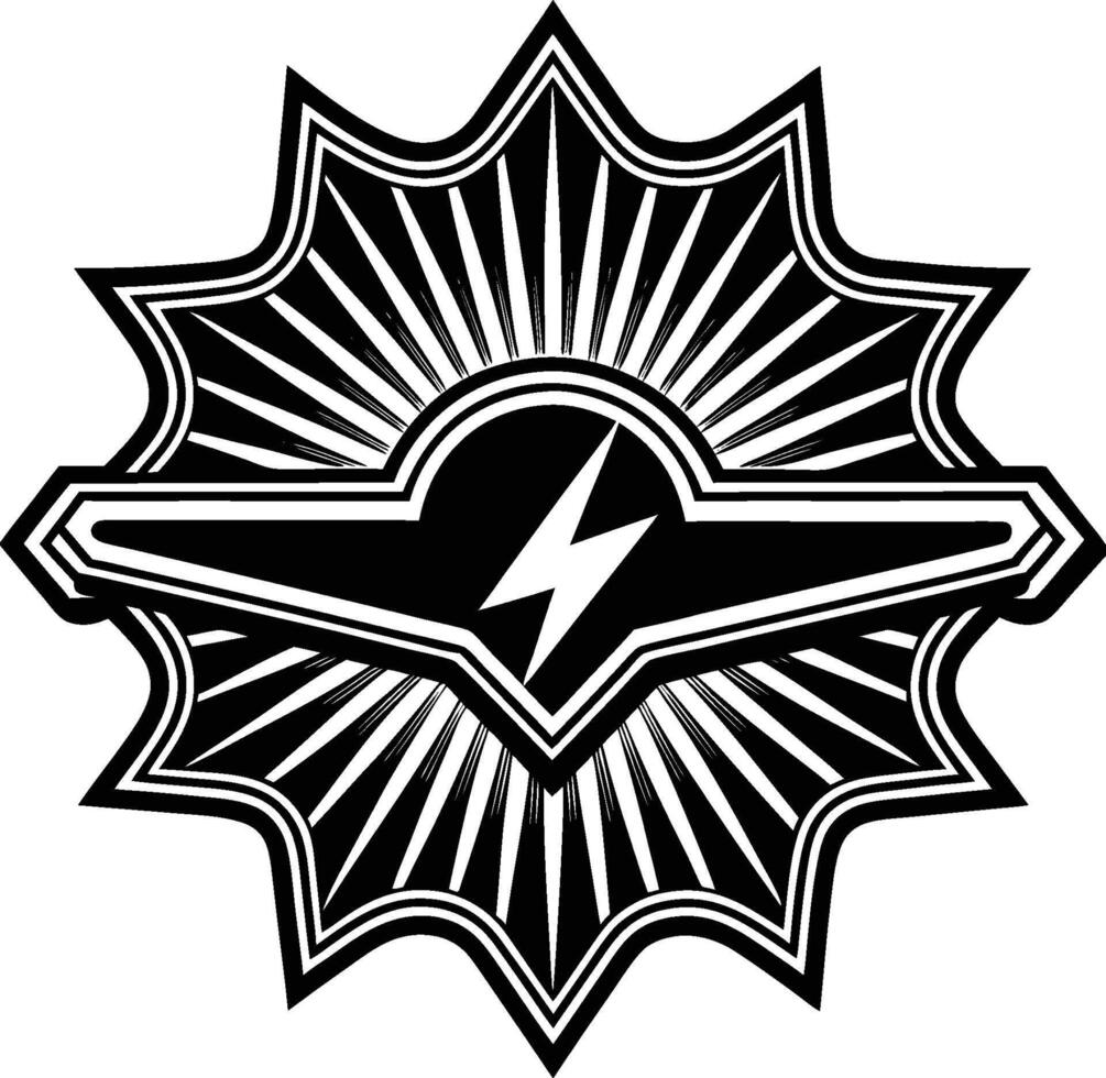 Black and white emblem, lightning bolt symbol, star-shaped design, radiating lines, geometric pattern vector