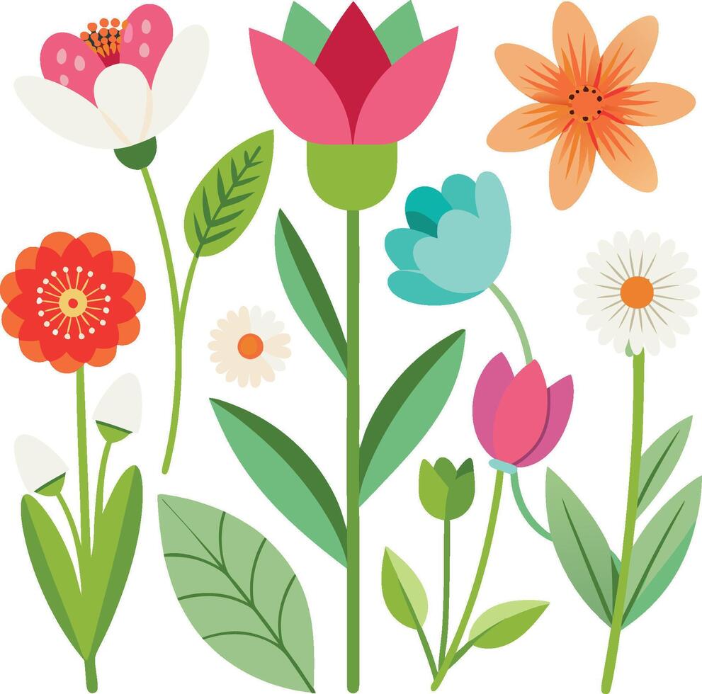 Colorful cartoon flowers, vibrant spring garden illustration, flat design, cheerful floral patterns, stylized tulips and daisies, whimsical botanical art vector