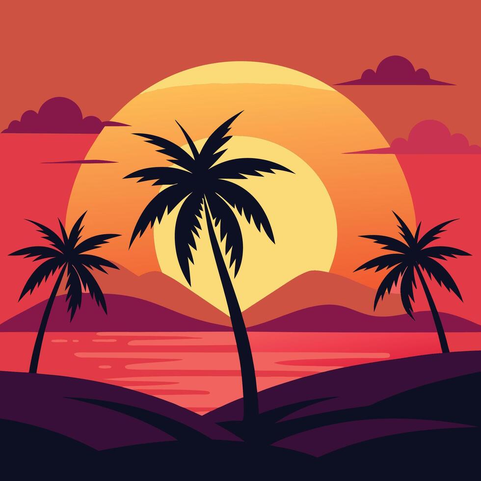 Tropical sunset landscape, palm tree silhouettes, large sun, vibrant gradient sky, warm colors, minimalist art style, illustration, flat design vector