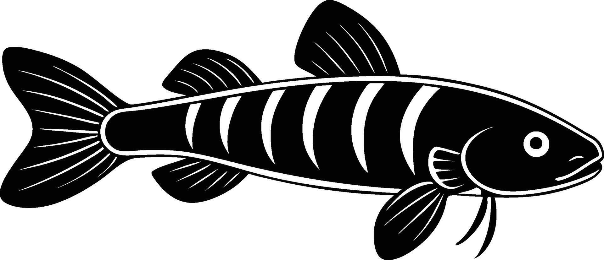Black and white illustration, stylized fish, simple geometric shapes, bold contrast, side view, striped pattern, aquatic creature vector