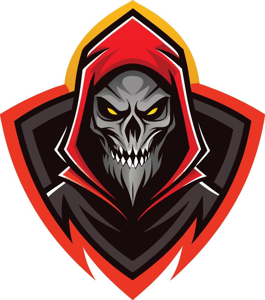 Menacing skull logo, red hooded figure, glowing yellow eyes, sharp teeth, dark evil mascot, esports team emblem vector