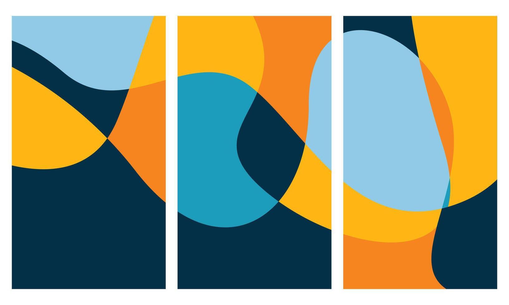 Three panels with abstract shapes in orange, blue and yellow vector