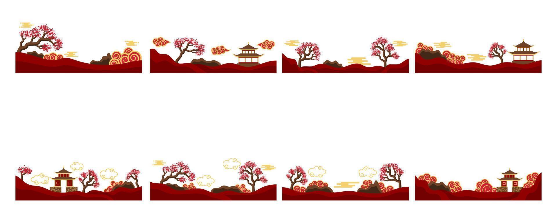 Chinese Landscape Scenery Background Set In White Background vector
