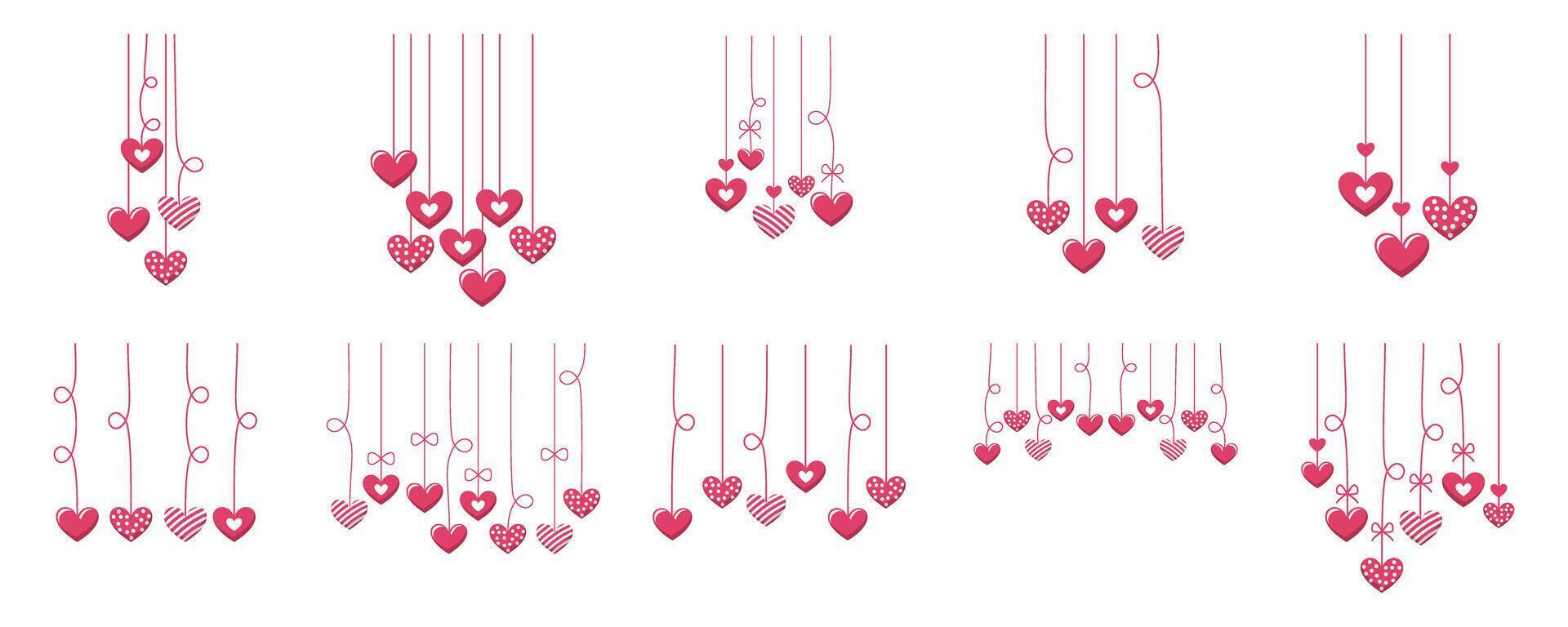 Valentine Hanging Heart Border Decoration Set In White Background vector